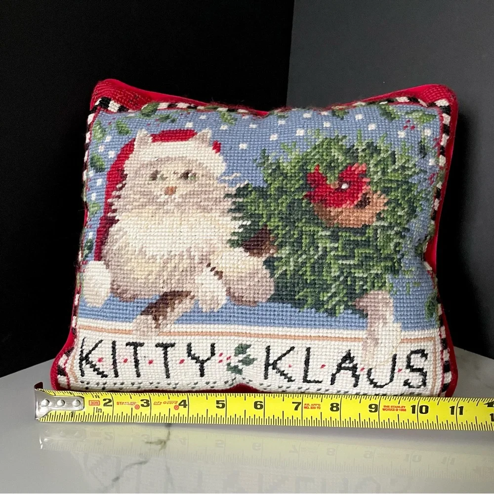 Kitty Klaus Needlepoint Holiday Pillow